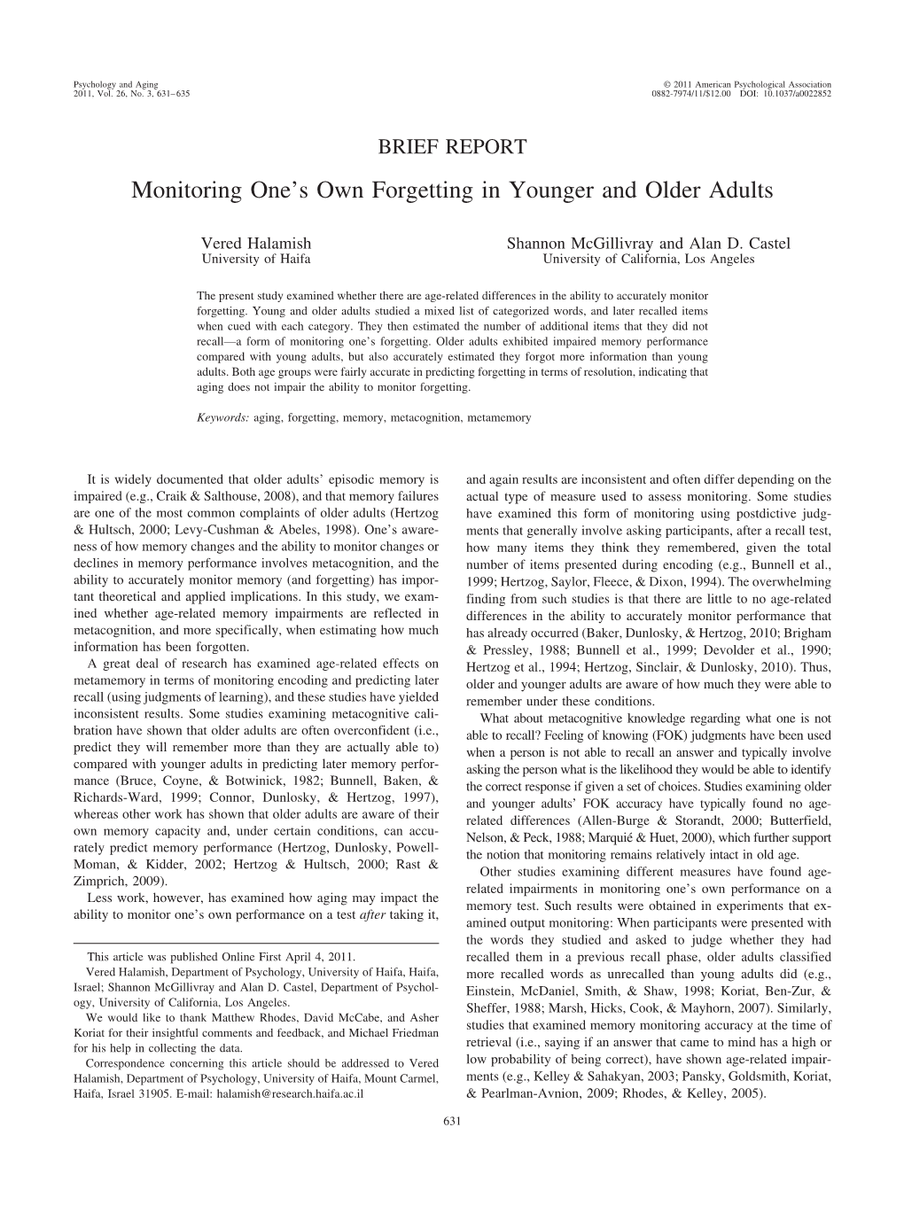 Monitoring One's Own Forgetting in Younger and Older Adults