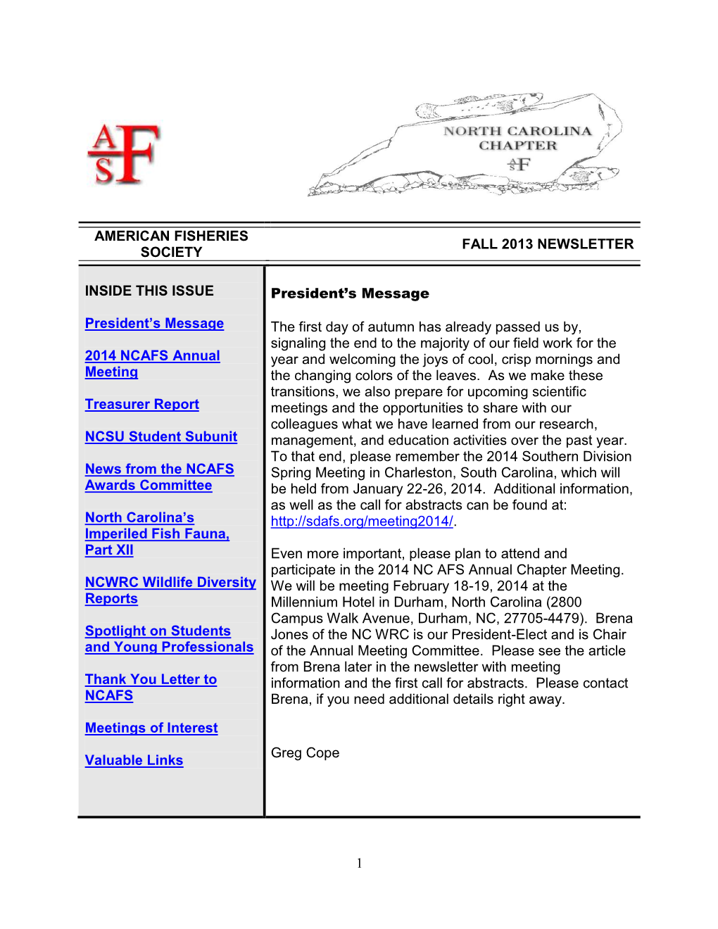 1 American Fisheries Society Fall 2013 Newsletter Inside