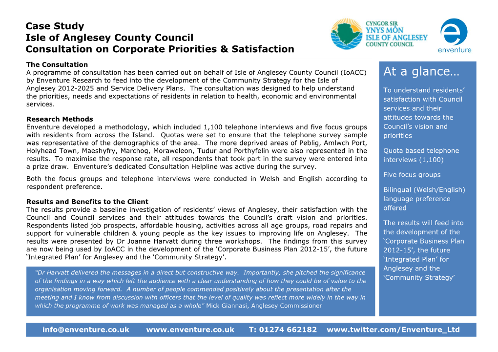 At a Glance… by Enventure Research to Feed Into the Development of the Community Strategy for the Isle of Angleseyinterviews 2012 -2025 and Service Delivery Plans