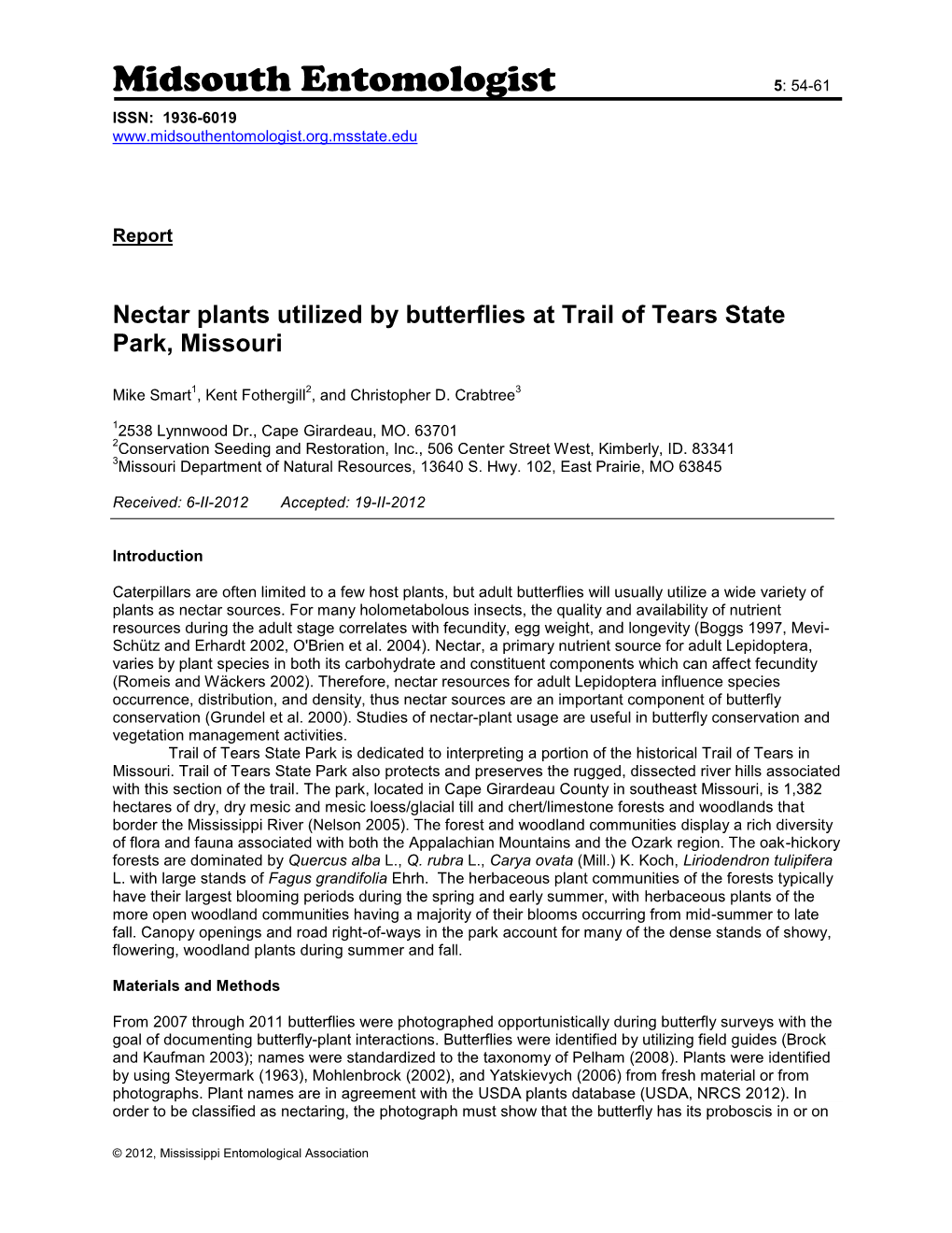 Nectar Plants Utilized by Butterflies at Trail of Tears State Park, Missouri