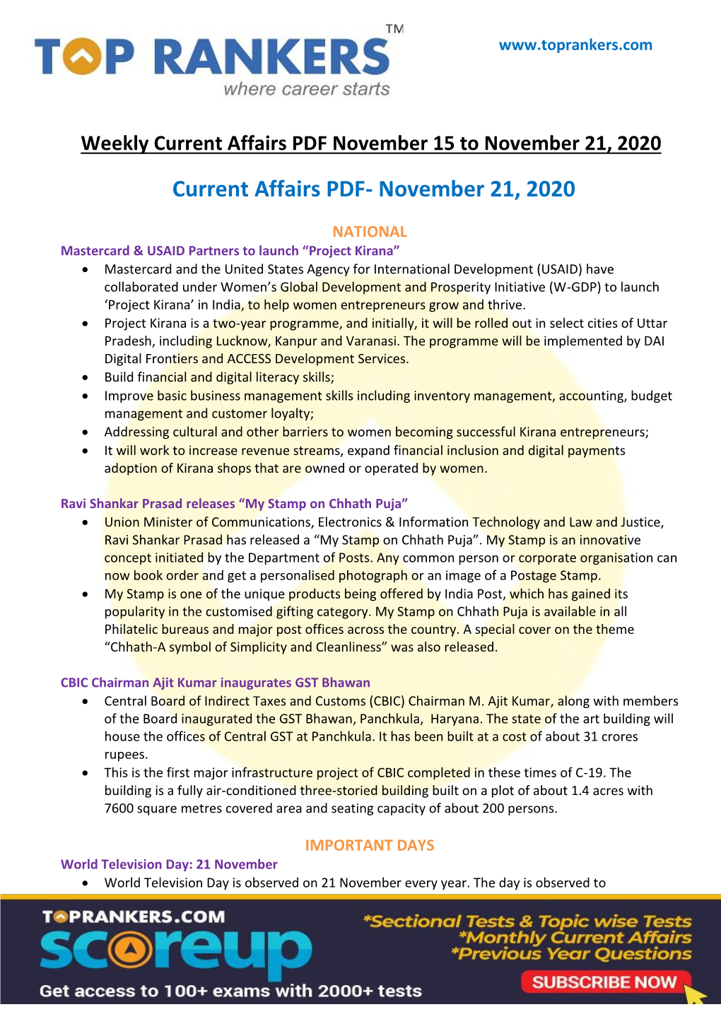 Current Affairs PDF November 15 to November 21, 2020