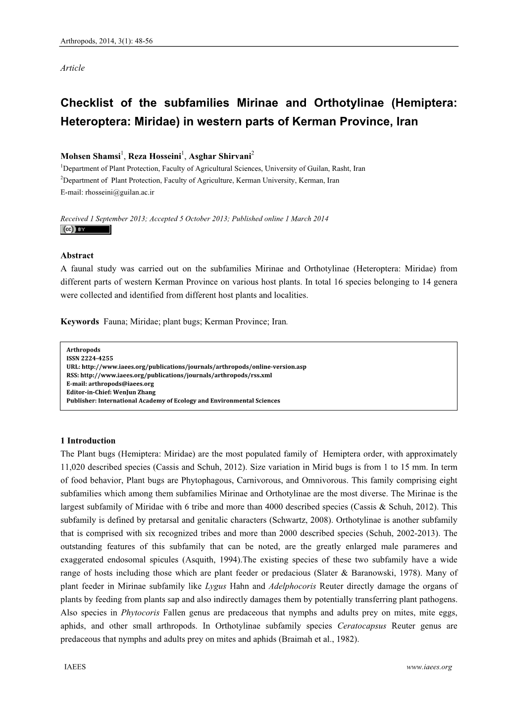 Checklist of the Subfamilies Mirinae and Orthotylinae (Hemiptera: Heteroptera: Miridae) in Western Parts of Kerman Province, Iran