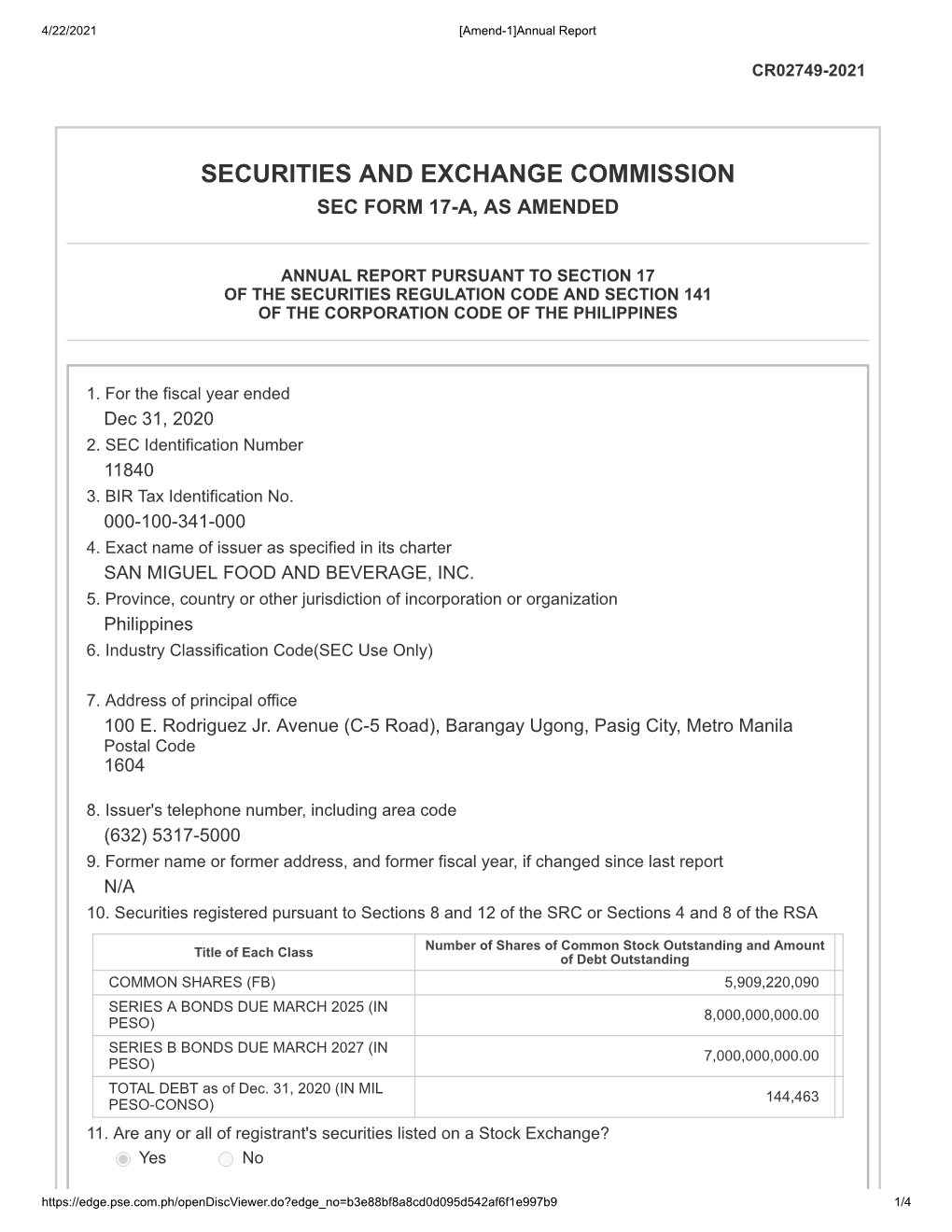 Securities and Exchange Commission Sec Form 17-A, As Amended