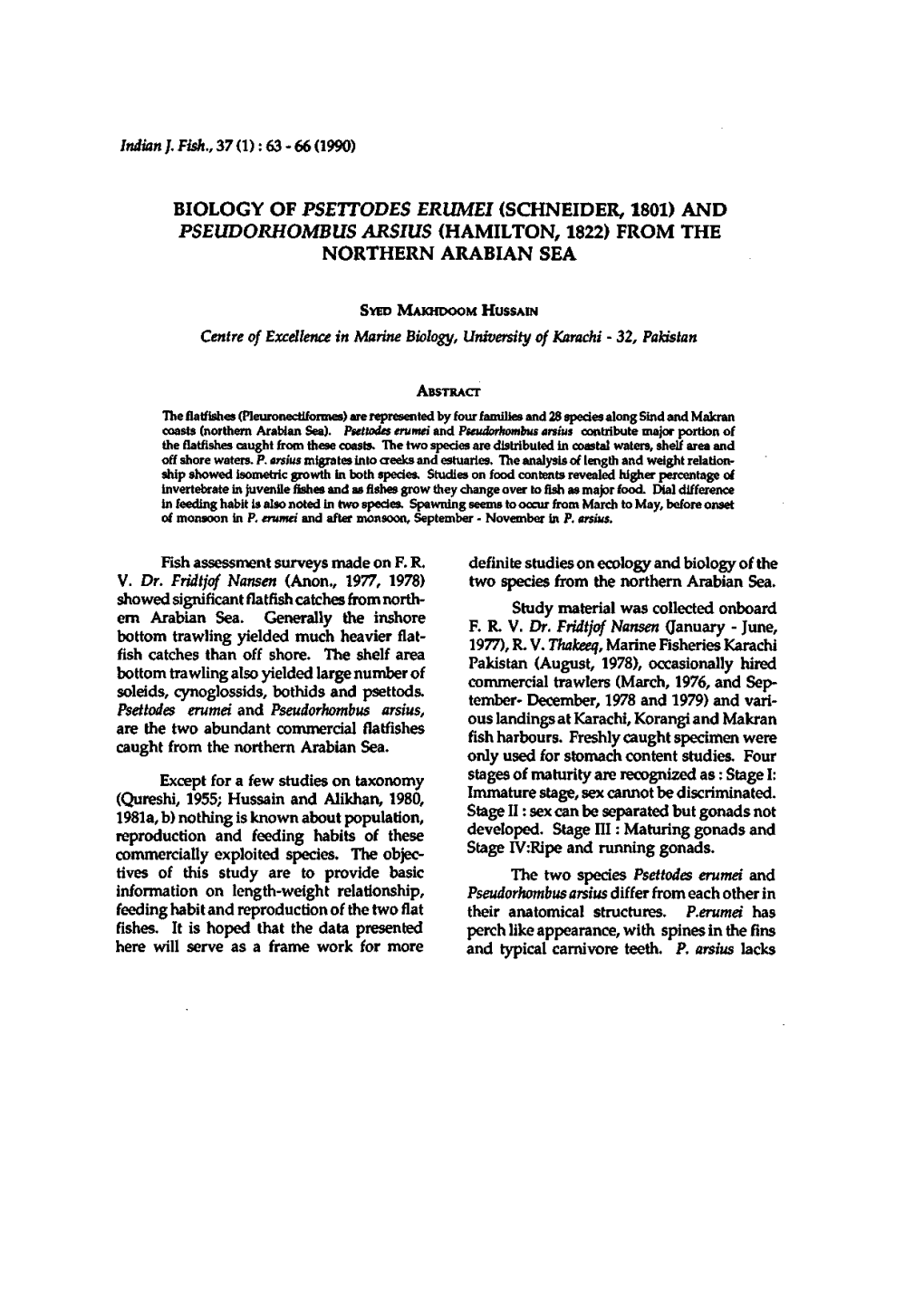 Biology of Psettodes Erumei (Schneider, 1801) and Pseudorhombus Arsius (Hamilton, 1822) from the Northern Arabian Sea