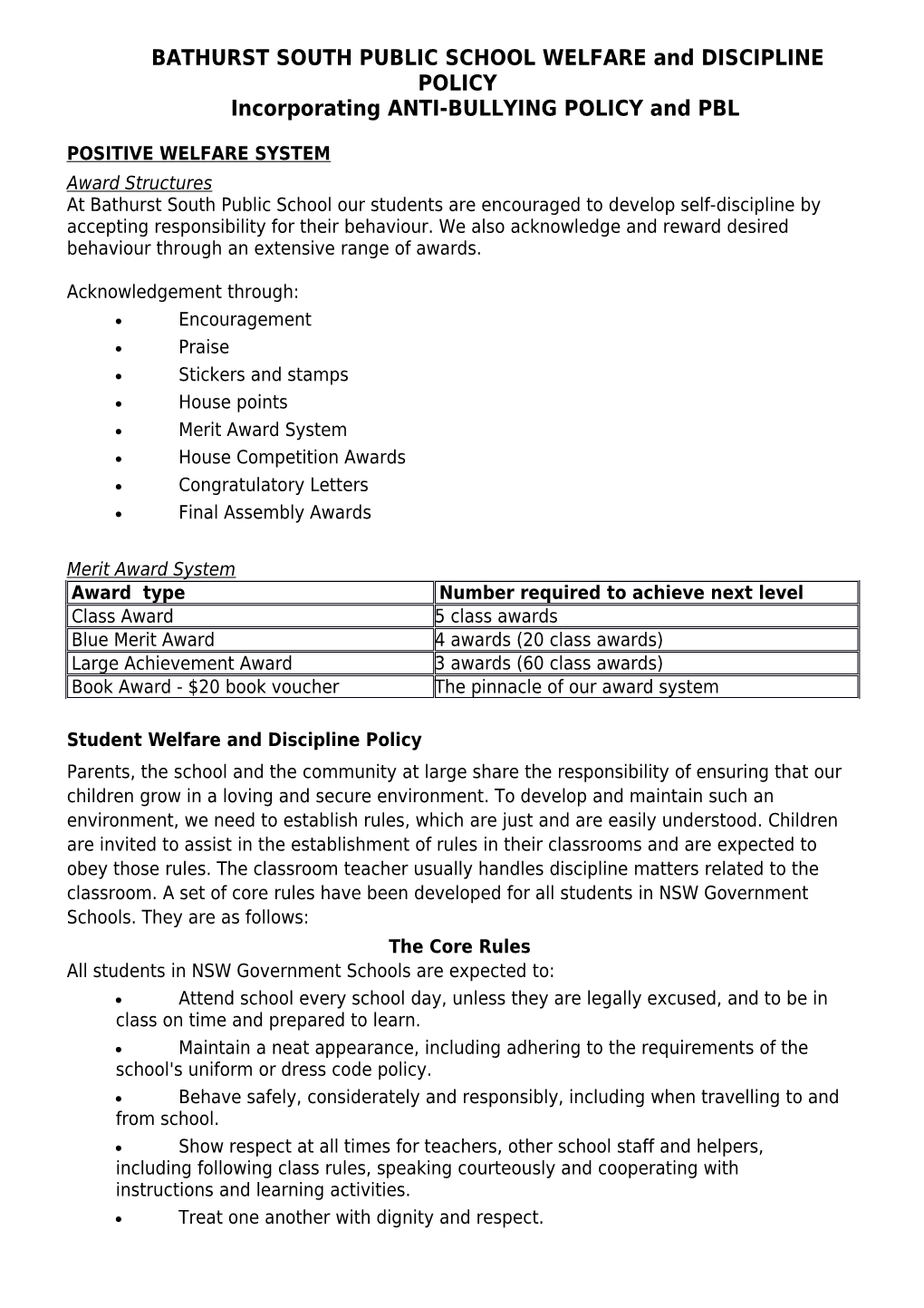 BATHURST SOUTH PUBLIC SCHOOL WELFARE and DISCIPLINE POLICY