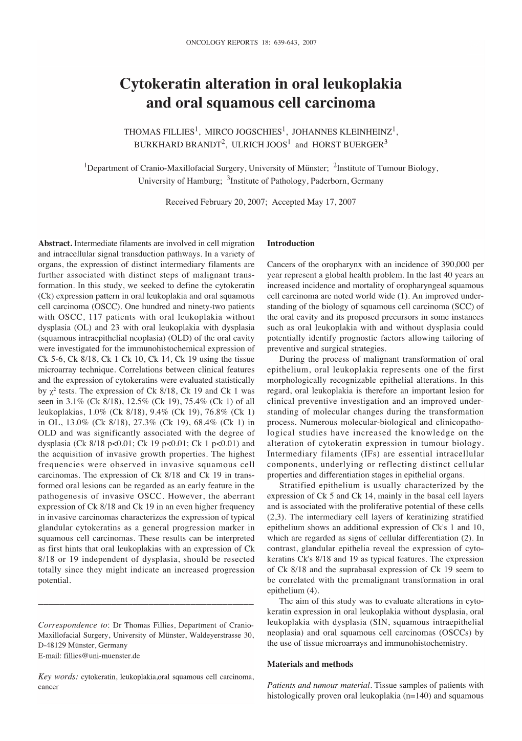 Cytokeratin Alteration in Oral Leukoplakia and Oral Squamous Cell Carcinoma