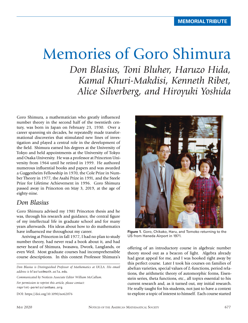 Memories of Goro Shimura Don Blasius, Toni Bluher, Haruzo Hida, Kamal Khuri-Makdisi, Kenneth Ribet, Alice Silverberg, and Hiroyuki Yoshida