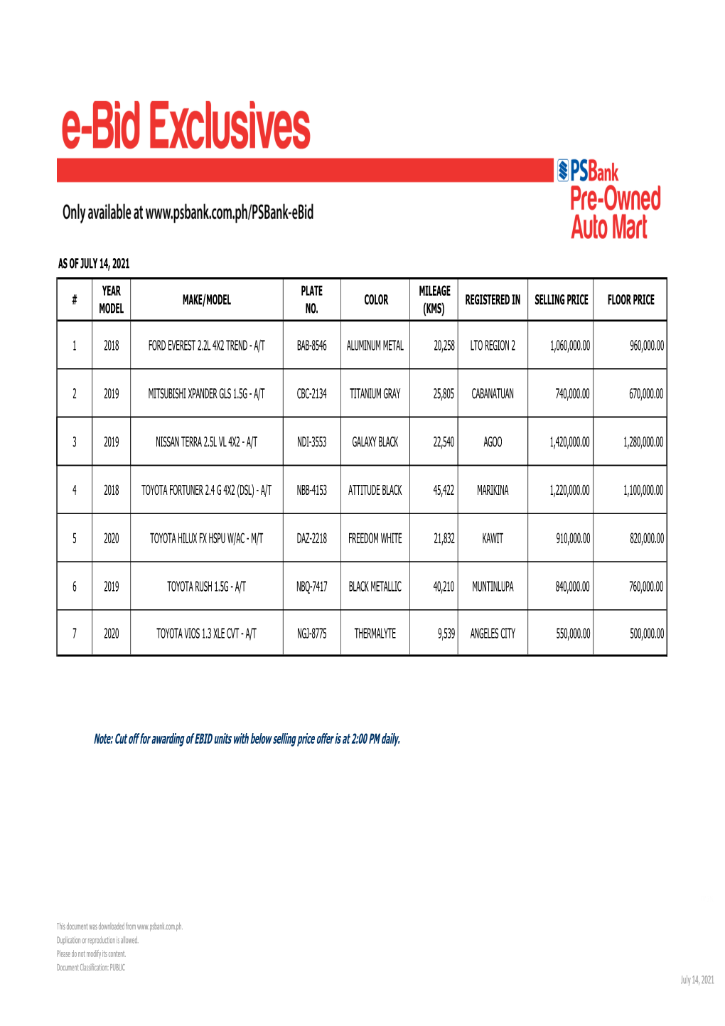 VEHICLES for SALE AS of July 14, 2021