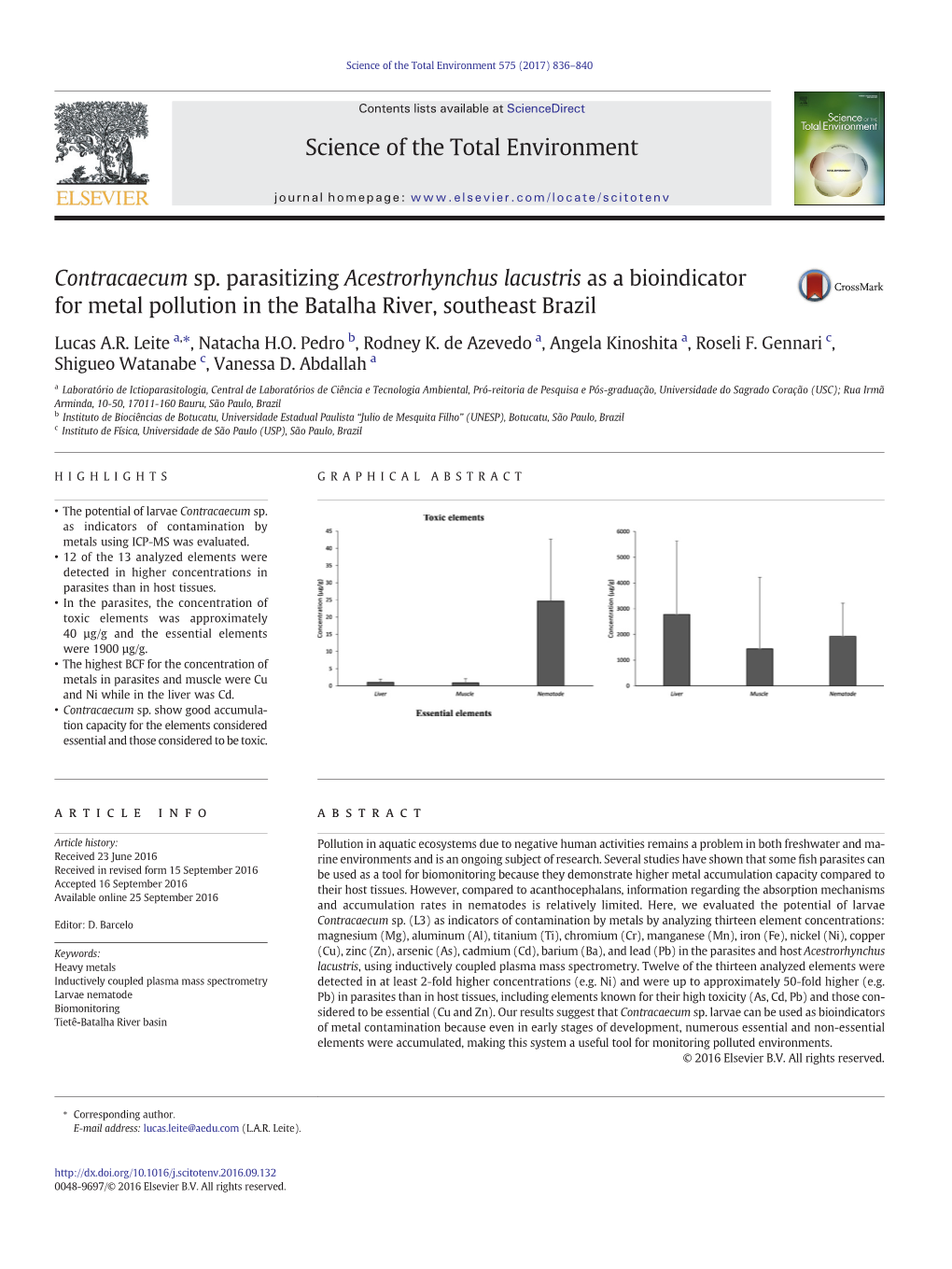 Contracaecum Sp. Parasitizing Acestrorhynchus Lacustris As a Bioindicator for Metal Pollution in the Batalha River, Southeast Brazil