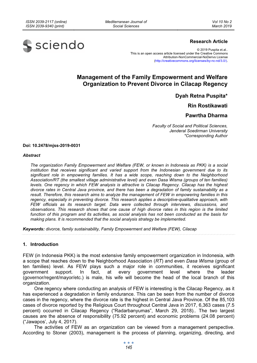 Management of the Family Empowerment and Welfare Organization to Prevent Divorce in Cilacap Regency