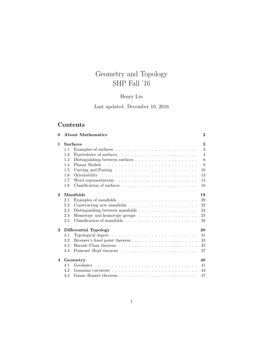 Geometry and Topology SHP Fall ’16