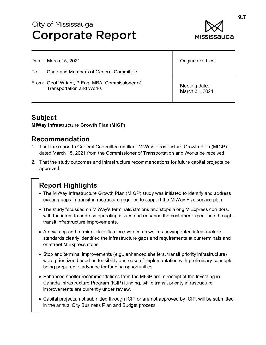 Miway Infrastructure Growth Plan (MIGP)