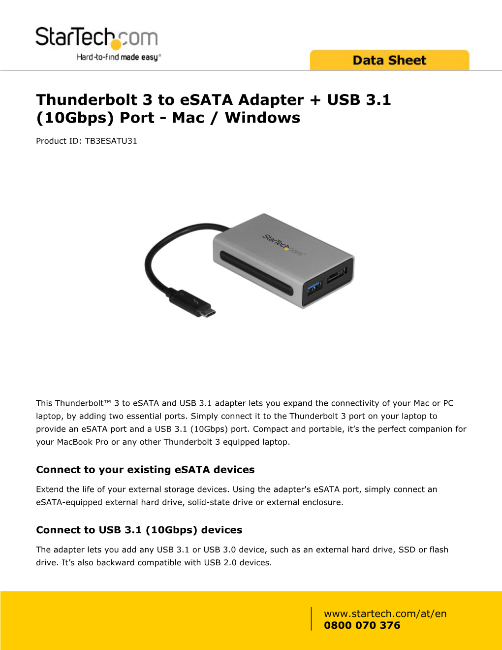 Thunderbolt 3 to Esata Adapter + USB 3.1 (10Gbps) Port - Mac / Windows