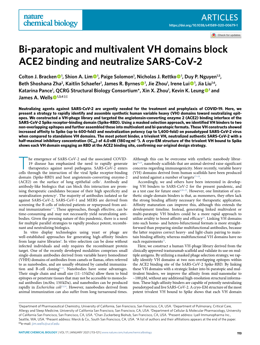 Bi-Paratopic and Multivalent VH Domains Block ACE2 Binding and Neutralize SARS-Cov-2