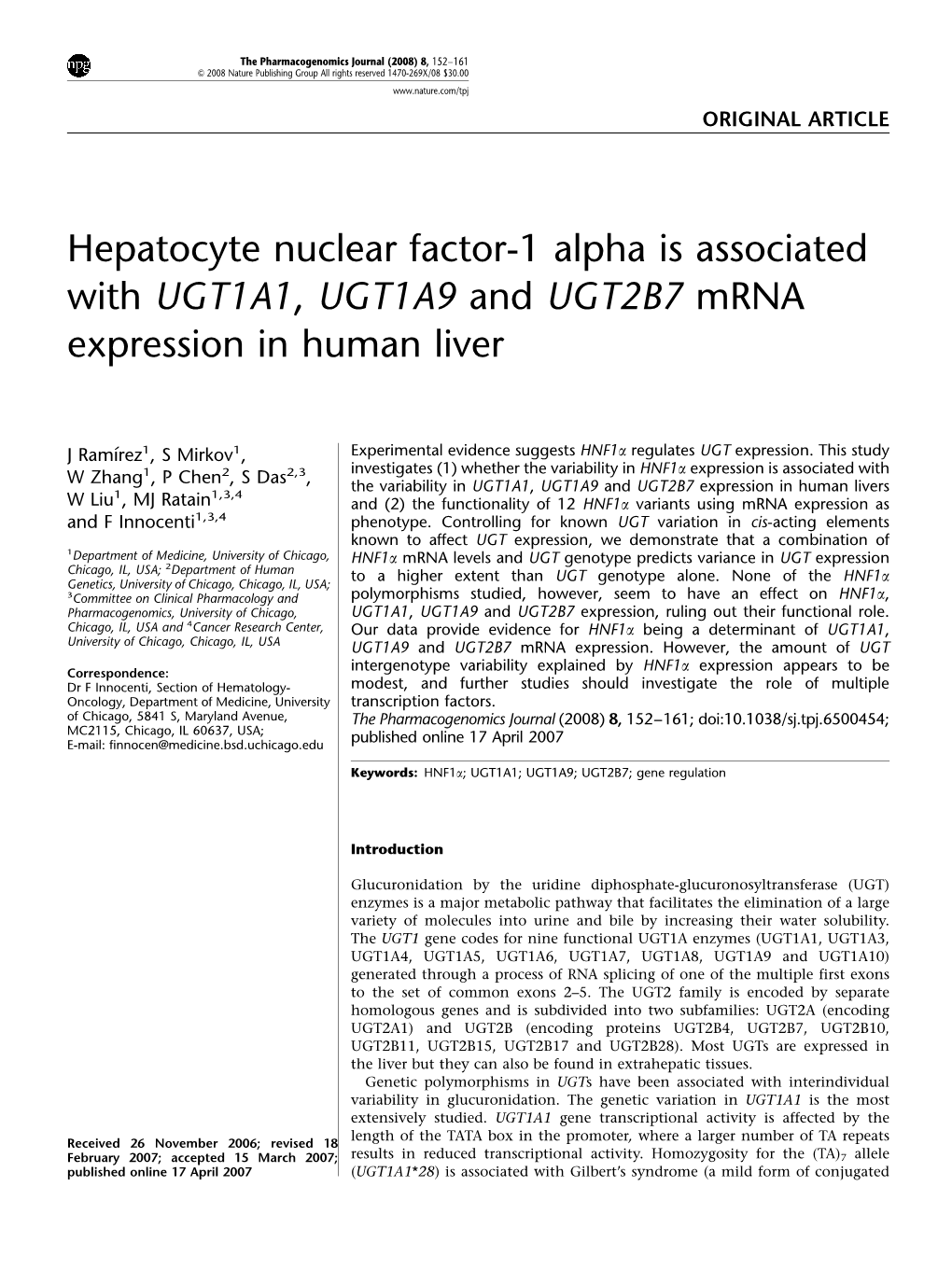 Hepatocyte Nuclear Factor-1 Alpha Is Associated with UGT1A1, UGT1A9 and UGT2B7 Mrna Expression in Human Liver