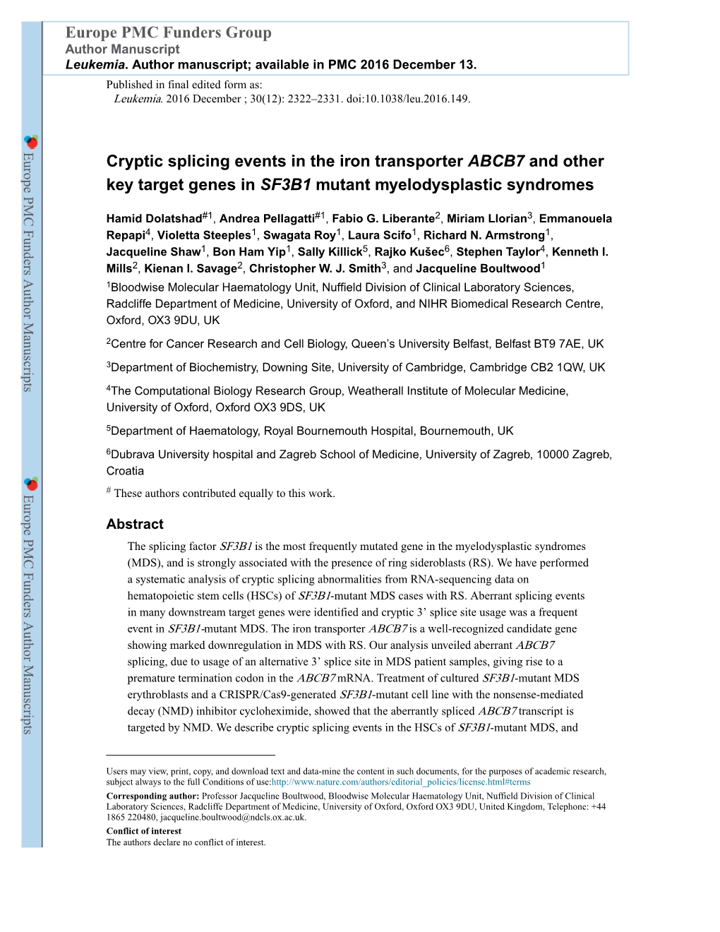 Cryptic Splicing Events in the Iron Transporter ABCB7 and Other Key Target Genes in SF3B1 Mutant Myelodysplastic Syndromes