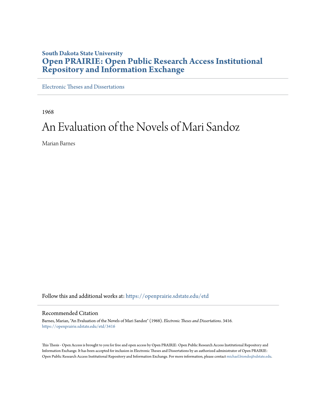 An Evaluation of the Novels of Mari Sandoz Marian Barnes