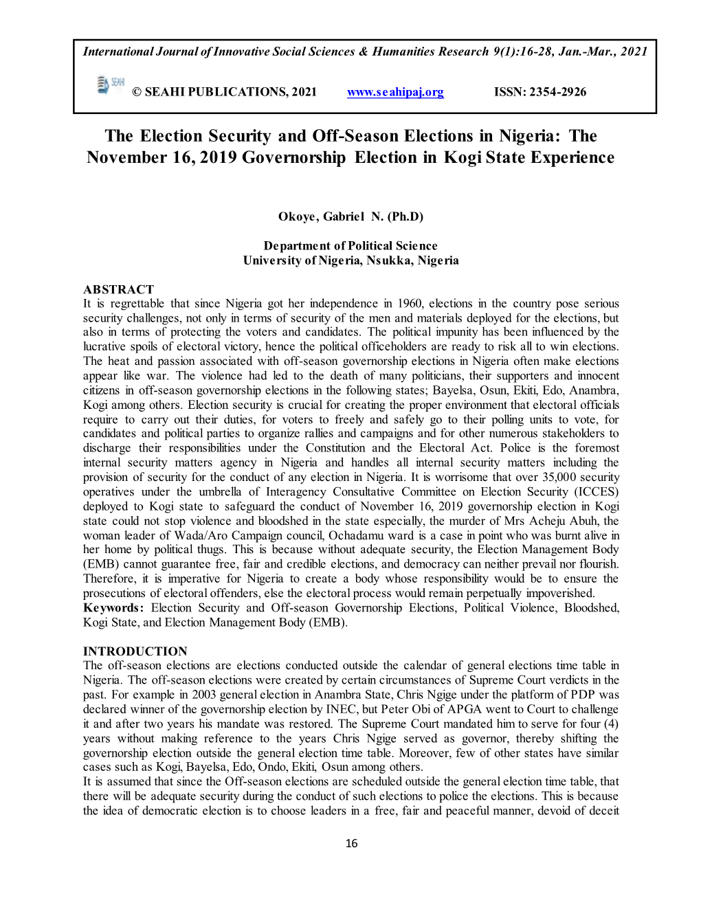 The Election Security and Off-Season Elections in Nigeria: the November 16, 2019 Governorship Election in Kogi State Experience