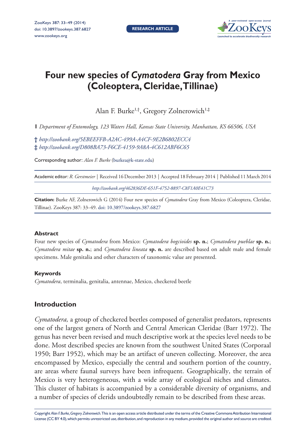 Coleoptera, Cleridae, Tillinae) 33 Doi: 10.3897/Zookeys.387.6827 Research Article Launched to Accelerate Biodiversity Research