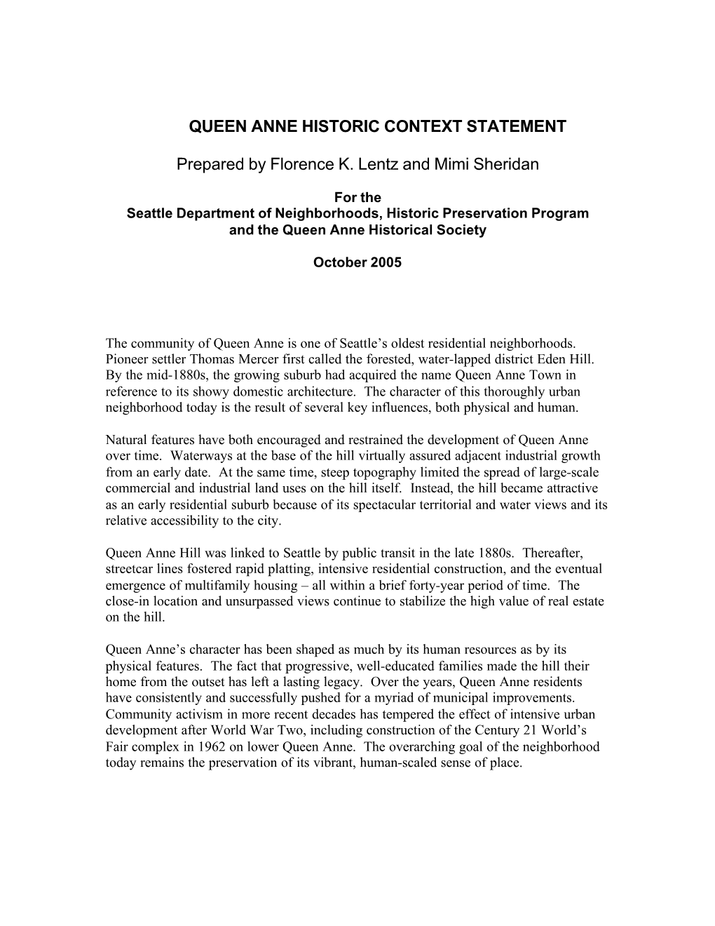 Queen Anne Historic Context Statement