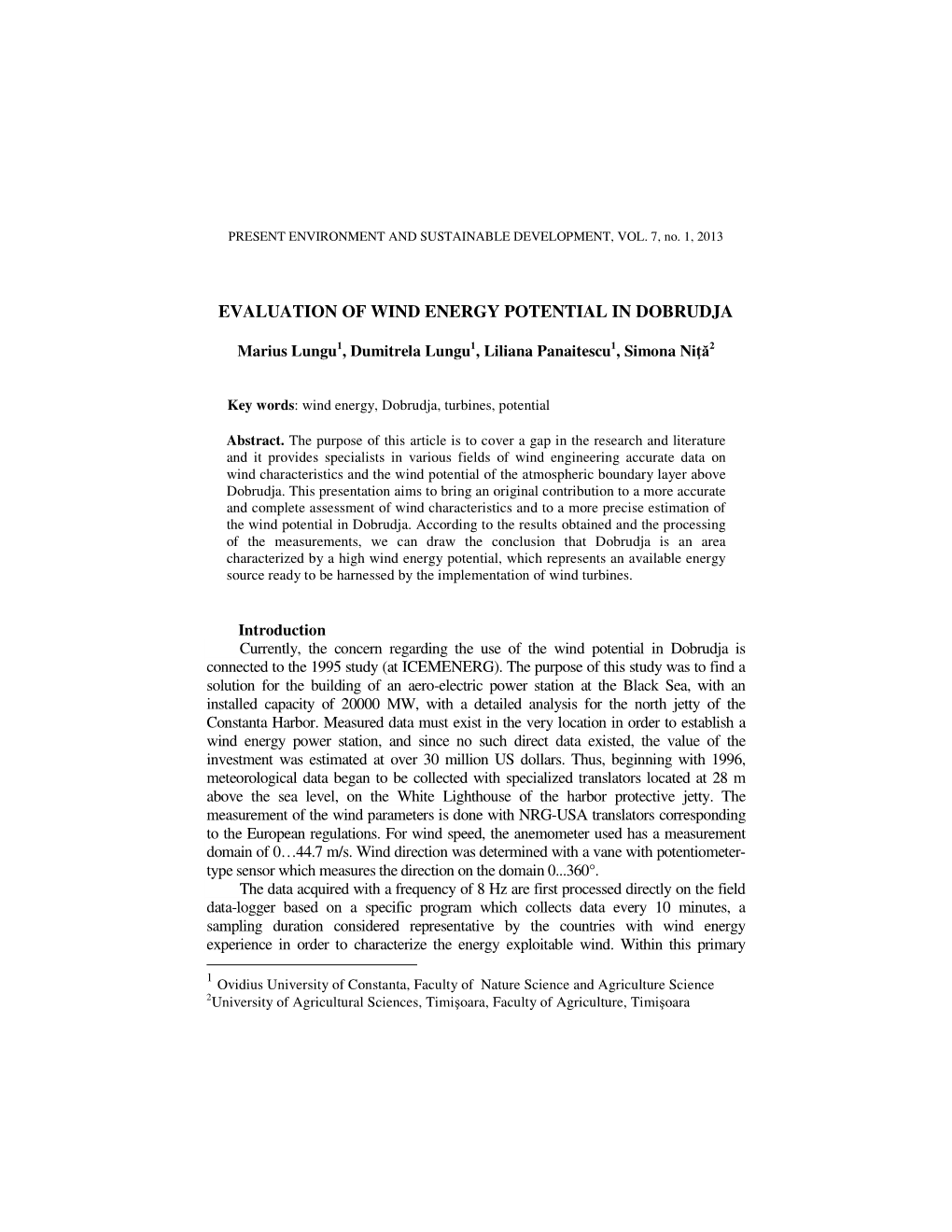 Evaluation of Wind Energy Potential in Dobrudja