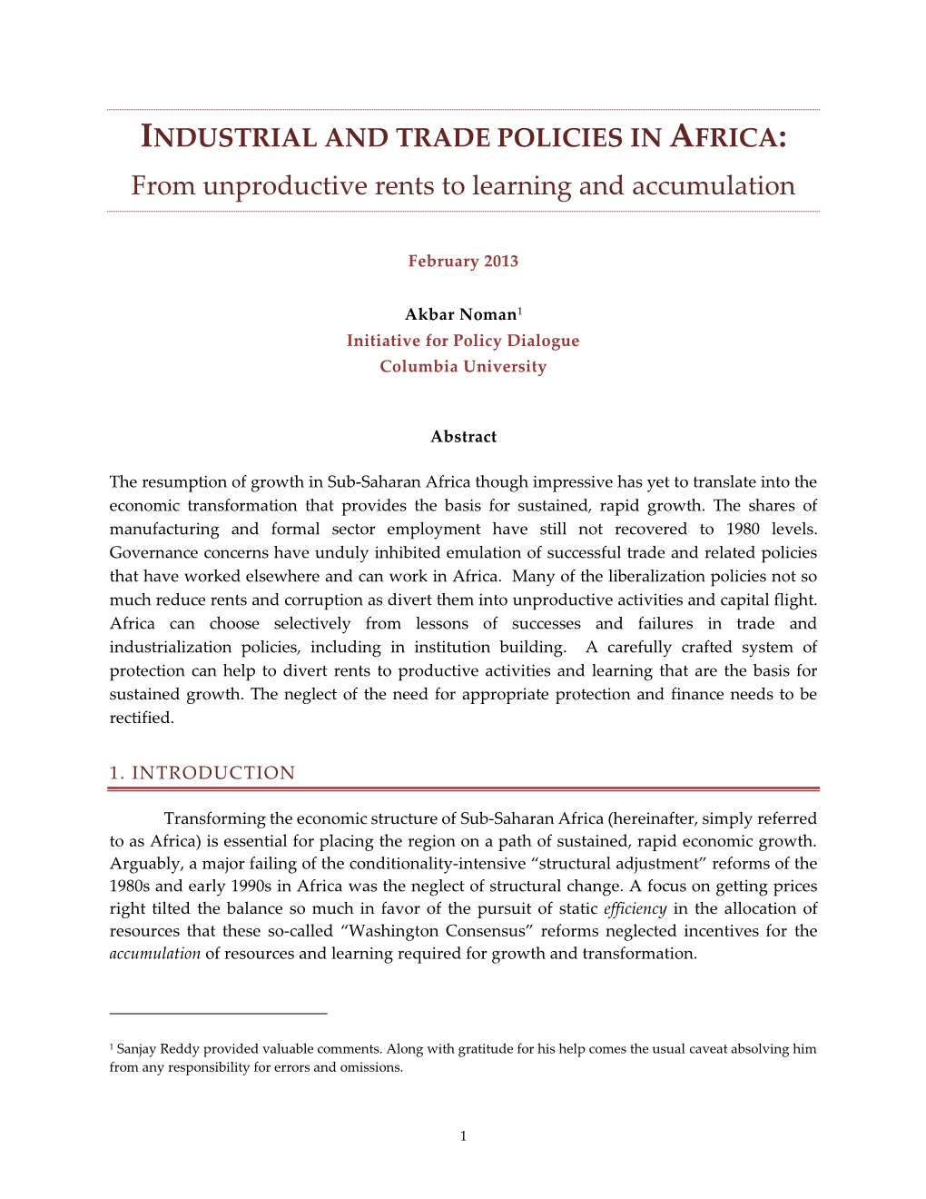 INDUSTRIAL and TRADE POLICIES in AFRICA: from Unproductive Rents to Learning and Accumulation