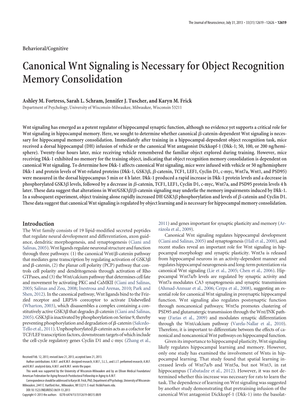 Canonical Wnt Signaling Is Necessary for Object Recognition Memory Consolidation