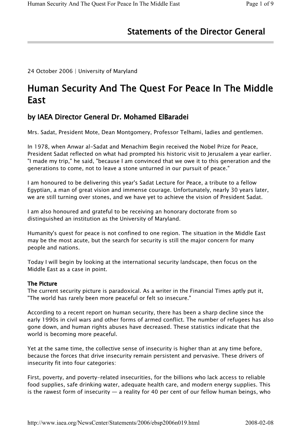 Human Security and the Quest for Peace in the Middle East Page 1 of 9