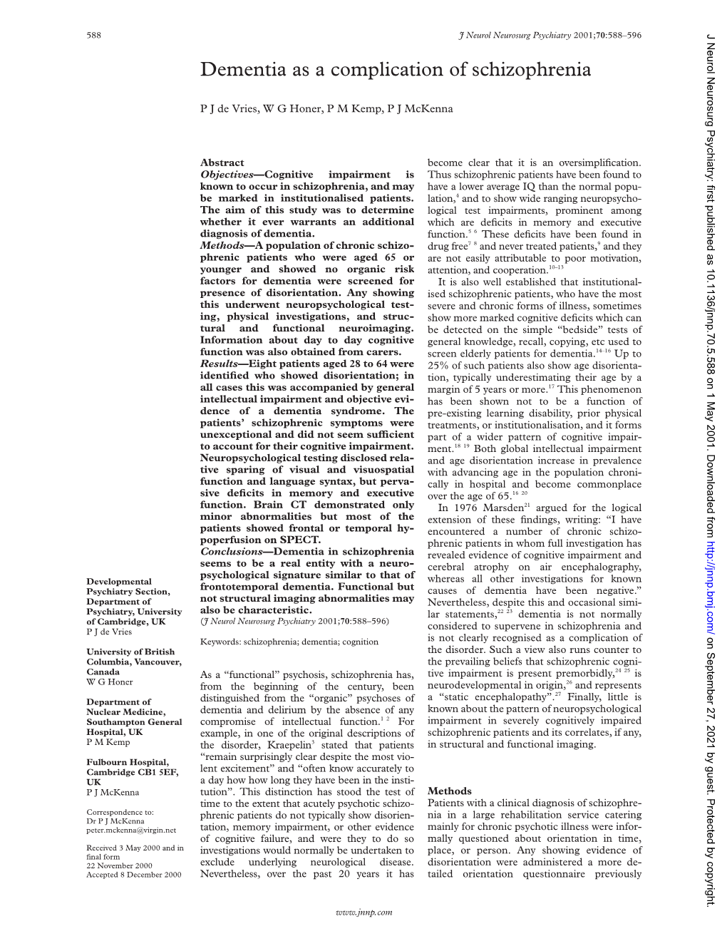 Dementia As a Complication of Schizophrenia