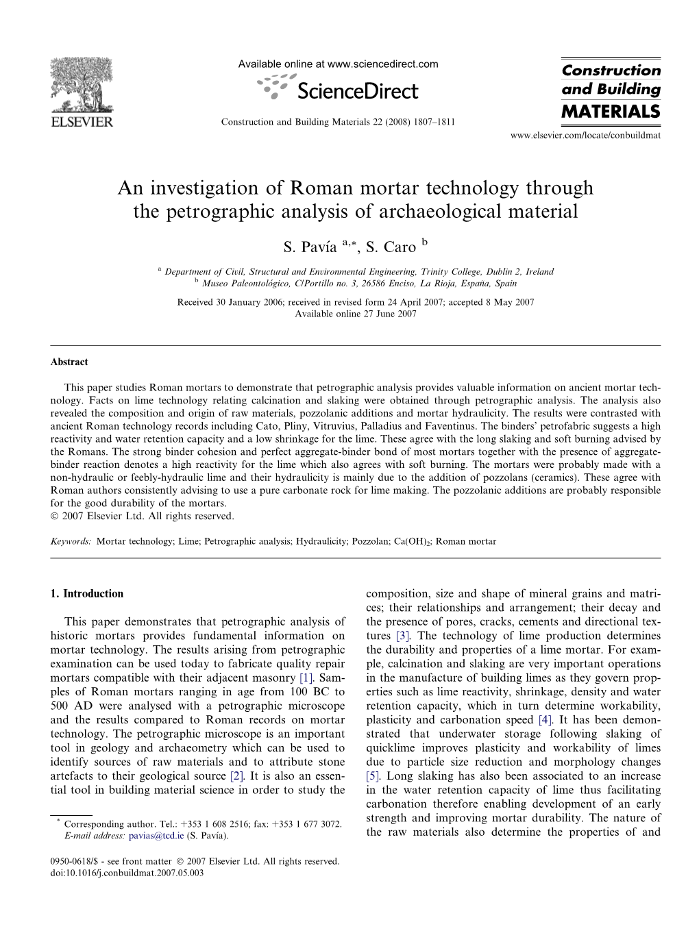 An Investigation of Roman Mortar Technology Through the Petrographic Analysis of Archaeological Material