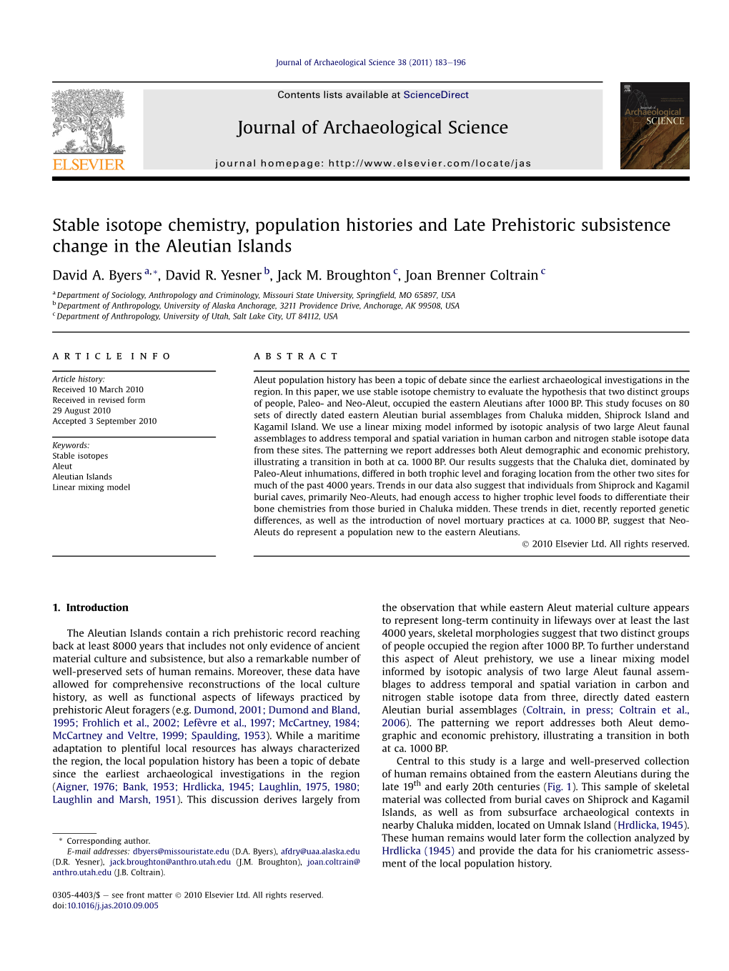 Stable Isotope Chemistry, Population Histories and Late Prehistoric Subsistence Change in the Aleutian Islands