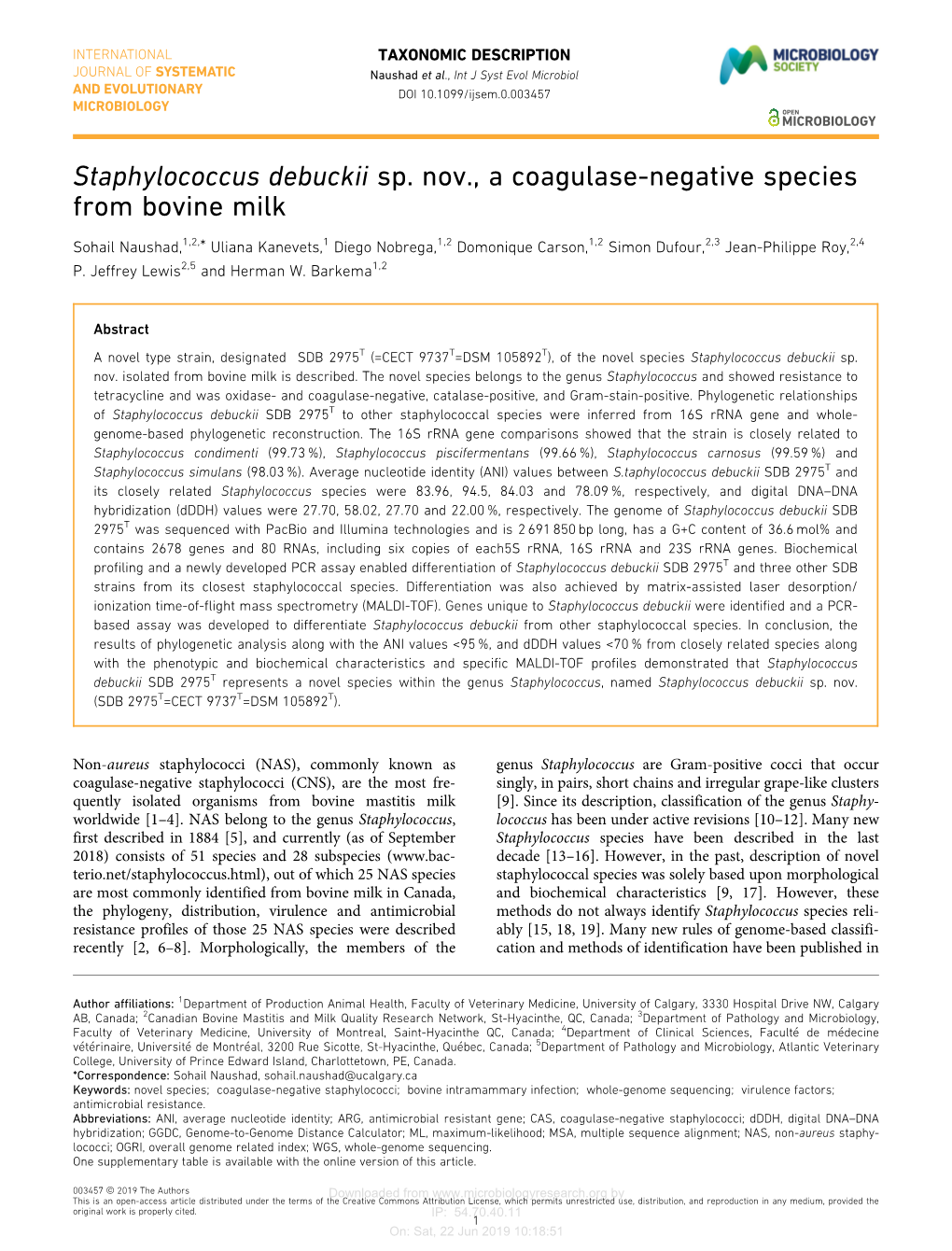 Staphylococcus Debuckii Sp. Nov., a Coagulase-Negative Species from Bovine Milk