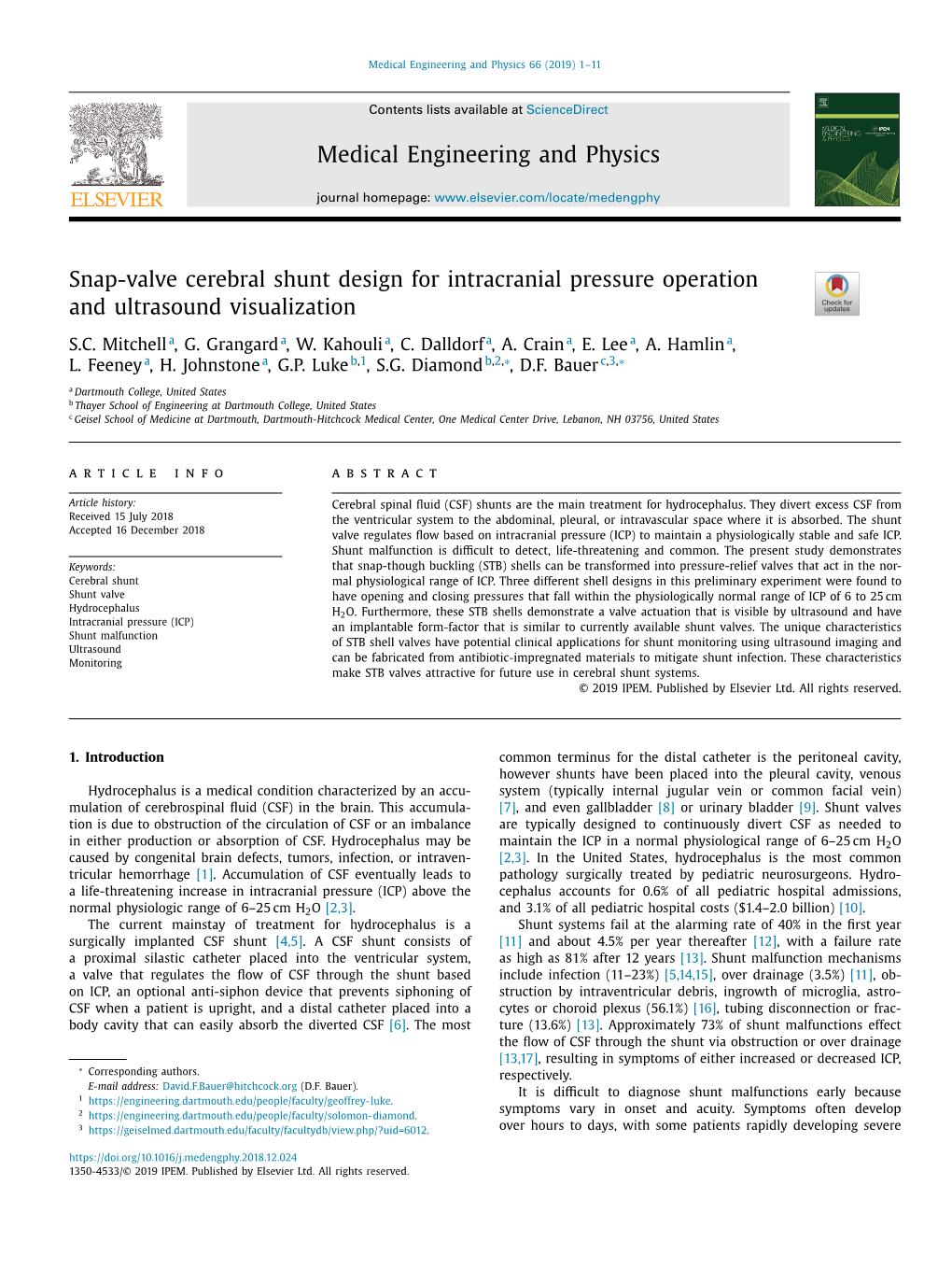 Snap-Valve Cerebral Shunt Design for Intracranial Pressure Operation and Ultrasound Visualization