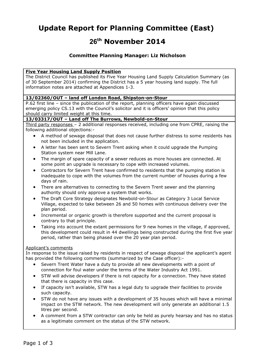 Update Report for Planning Committee (East)