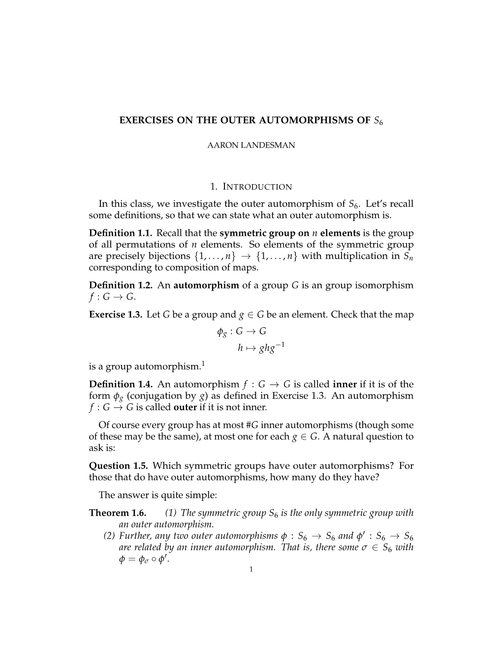 Exercises on the Outer Automorphisms of S6