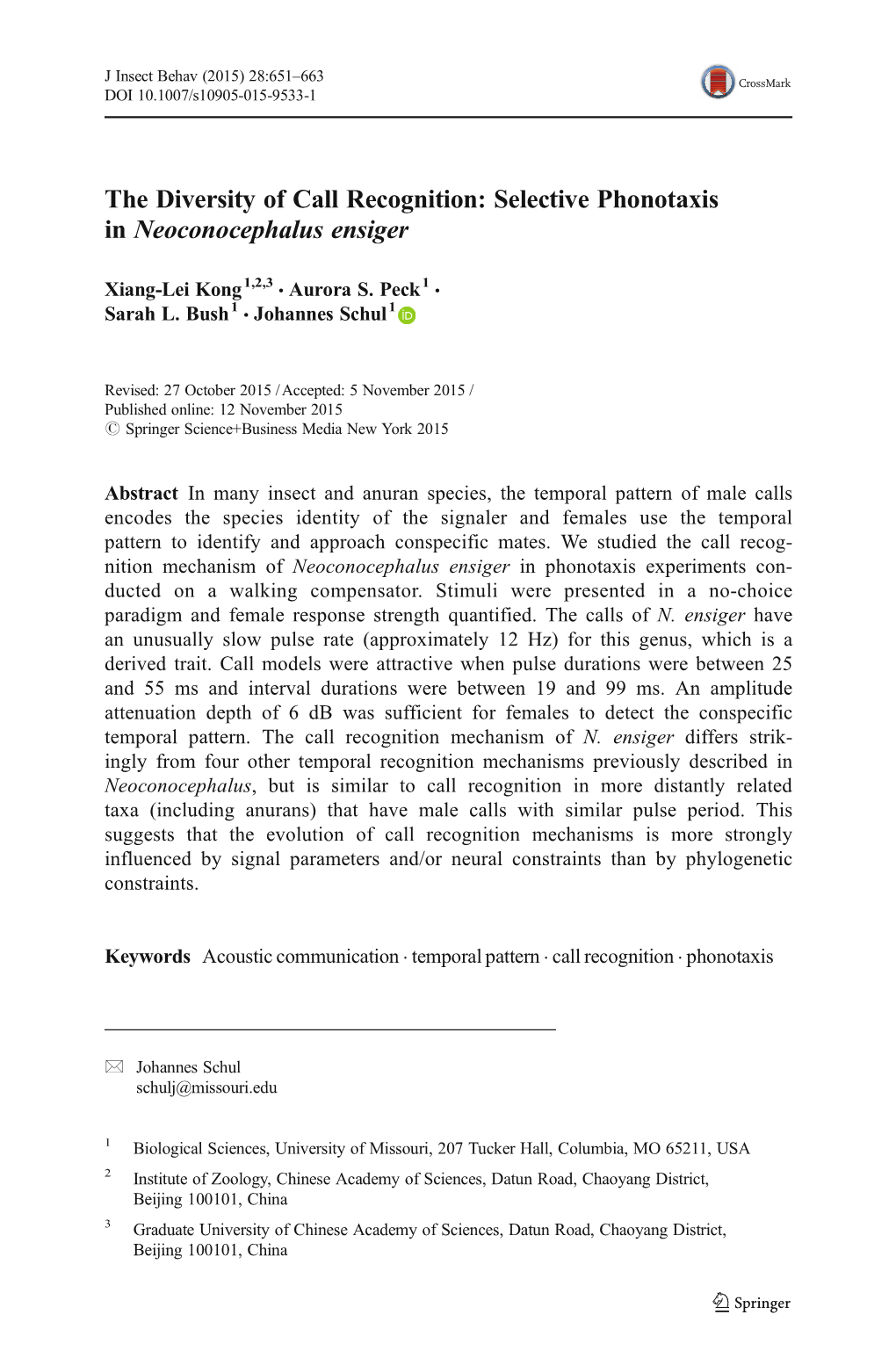 The Diversity of Call Recognition: Selective Phonotaxis in Neoconocephalus Ensiger