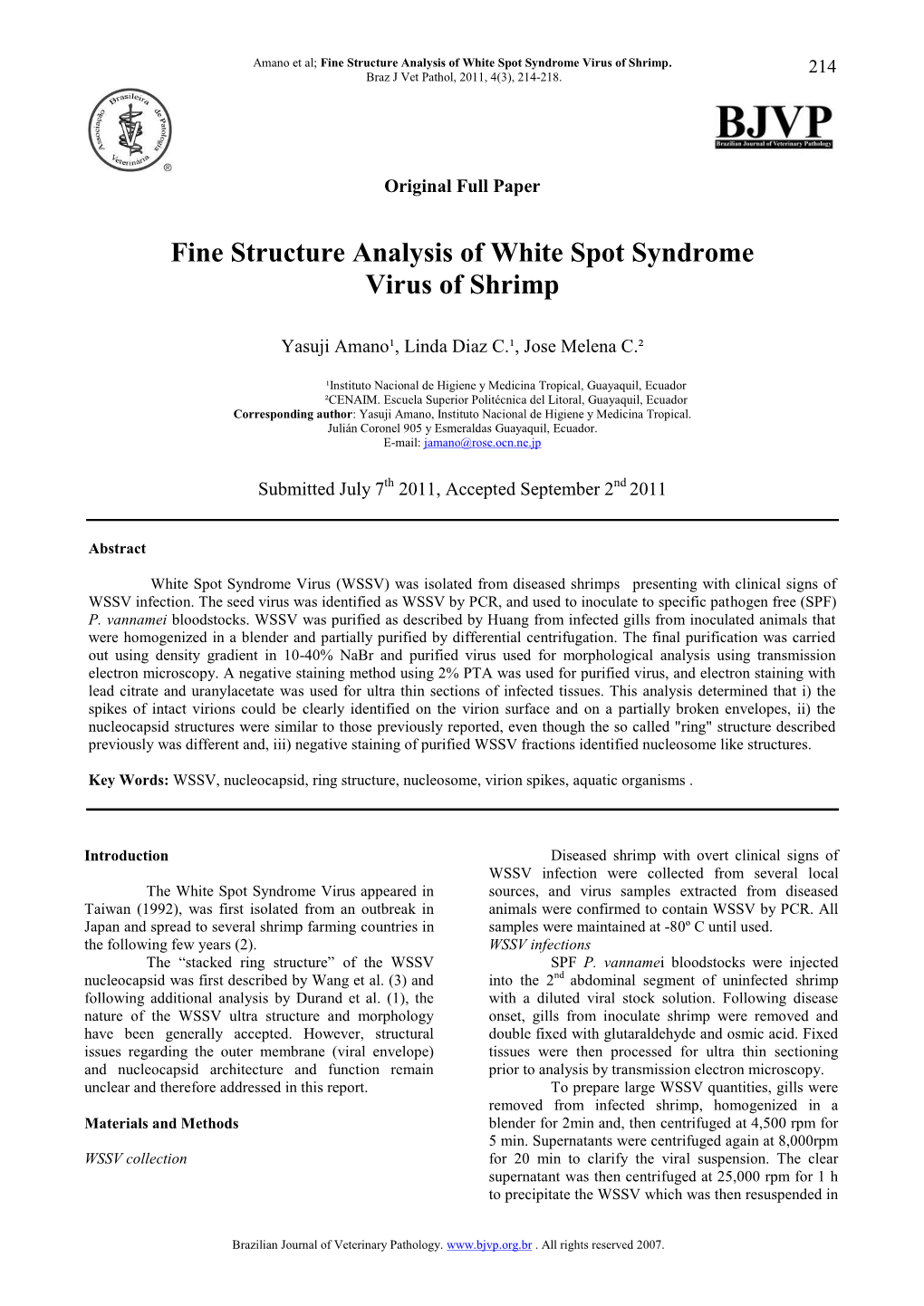 Fine Structure Analysis of White Spot Syndrome Virus of Shrimp