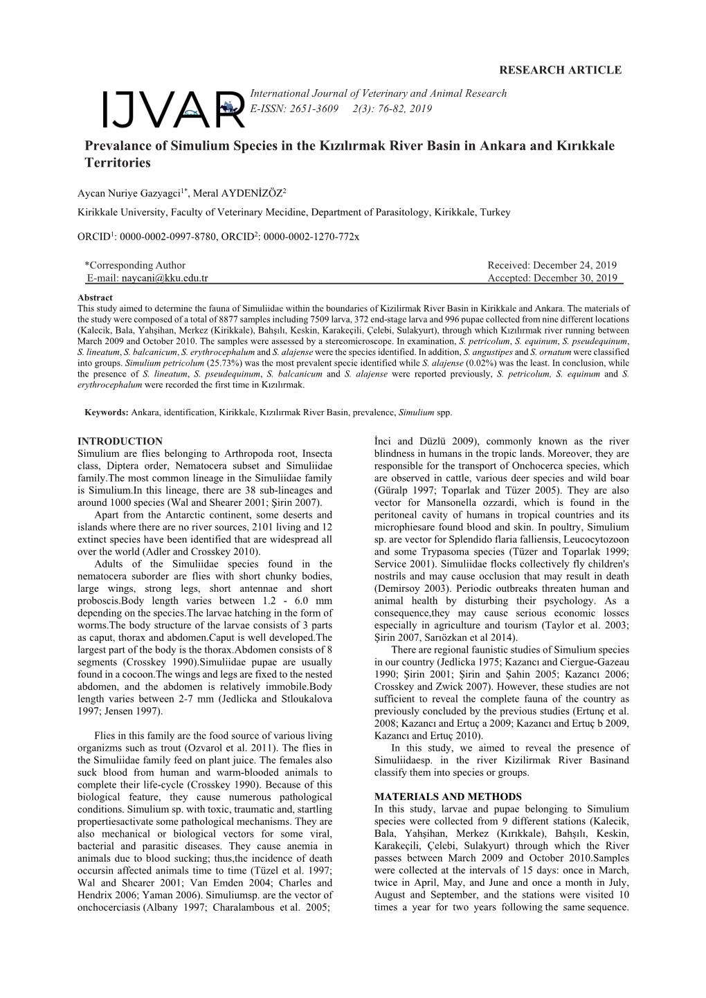 Prevalance of Simulium Species in the Kızılırmak River Basin in Ankara and Kırıkkale Territories