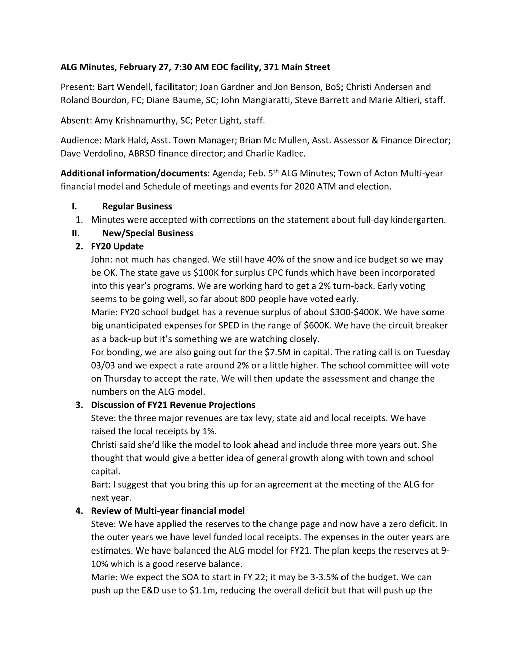 ALG Minutes, February 27, 7:30 AM EOC Facility, 371 Main Street