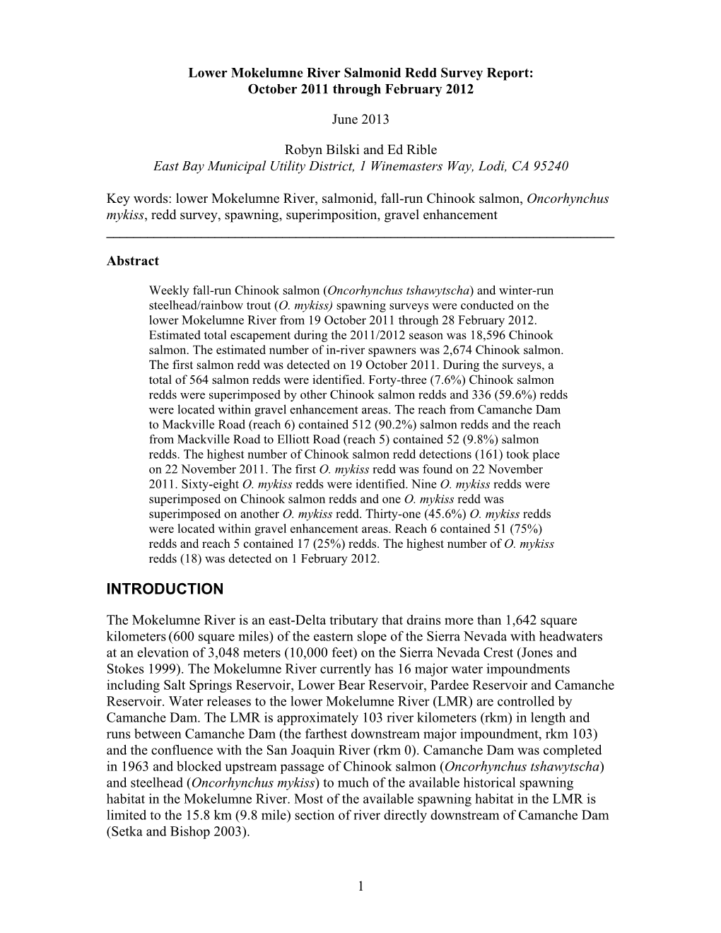 Lower Mokelumne River Salmonid Redd Survey Report: October 2011 Through February 2012