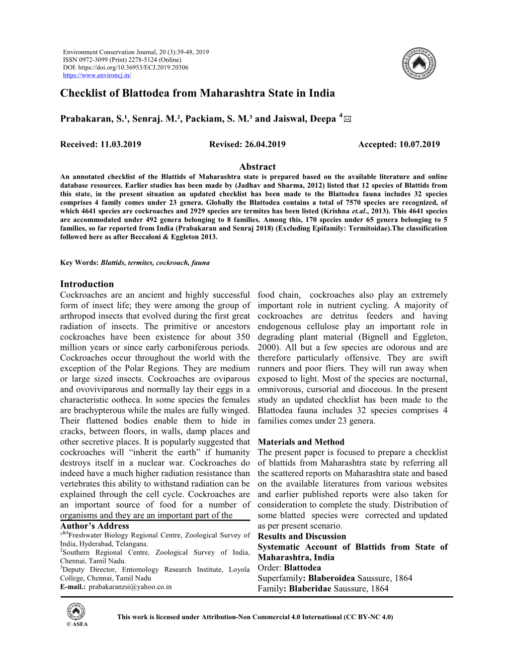 Checklist of Blattodea from Maharashtra State in India