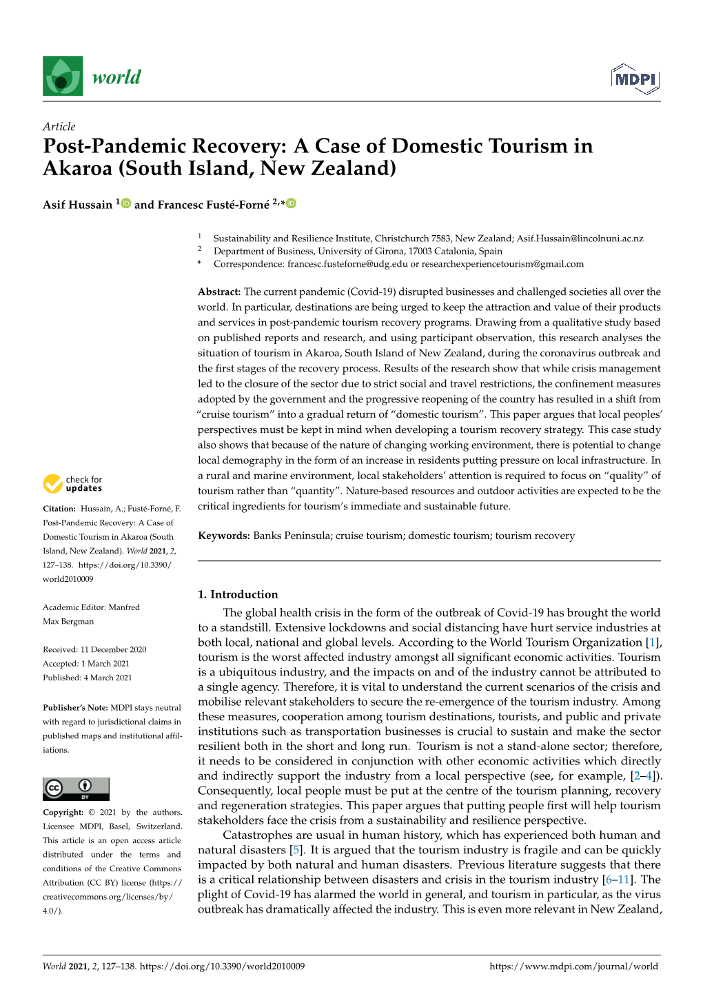 Post-Pandemic Recovery: a Case of Domestic Tourism in Akaroa (South Island, New Zealand)