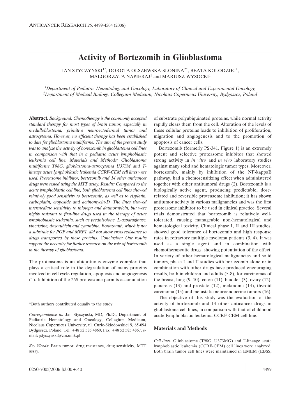 Activity of Bortezomib in Glioblastoma