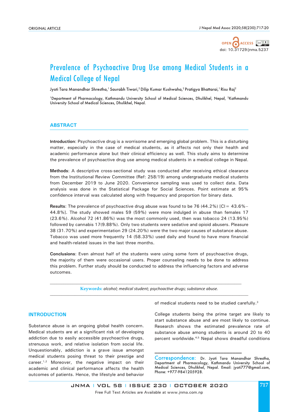 Prevalence of Psychoactive Drug Use Among Medical Students in A