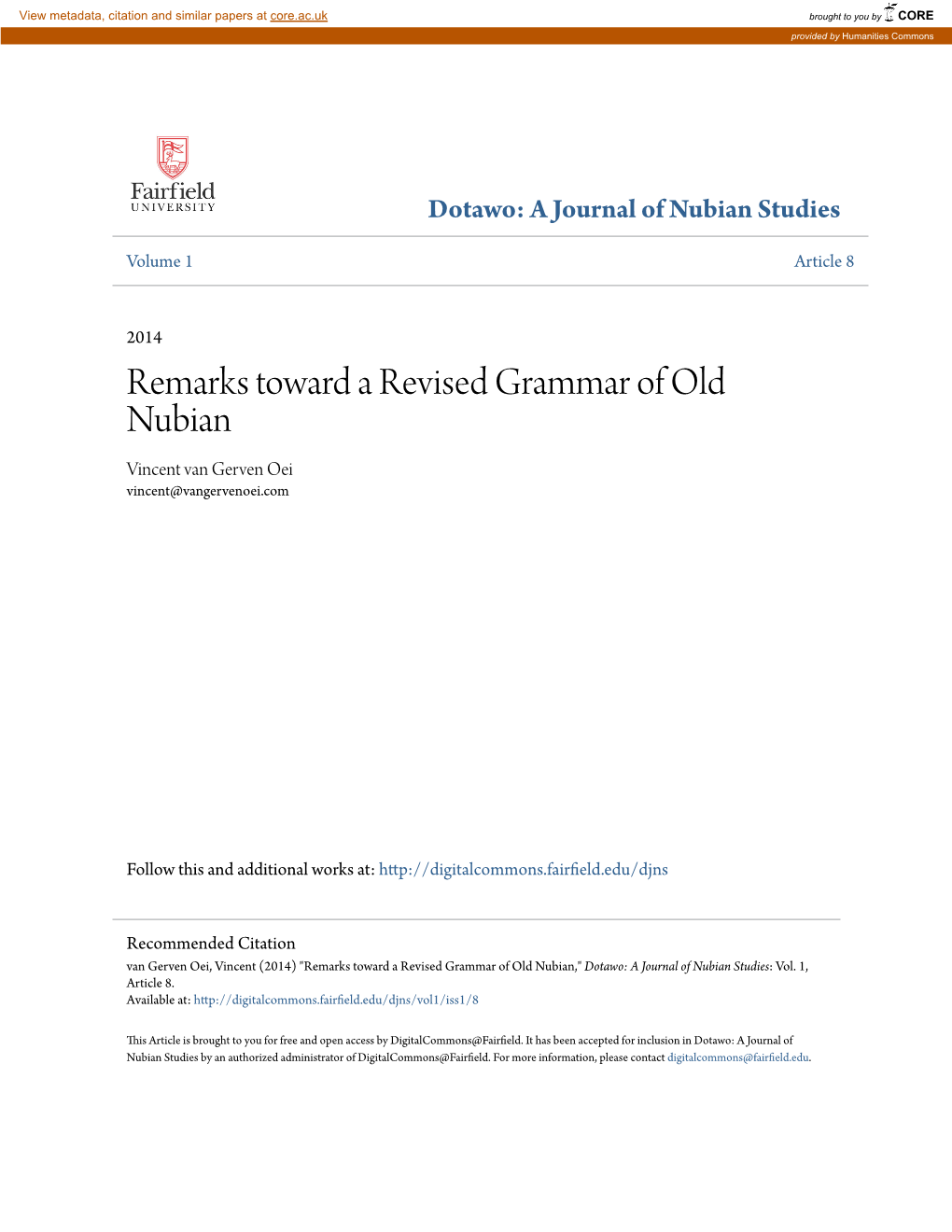 Remarks Toward a Revised Grammar of Old Nubian Vincent Van Gerven Oei Vincent@Vangervenoei.Com