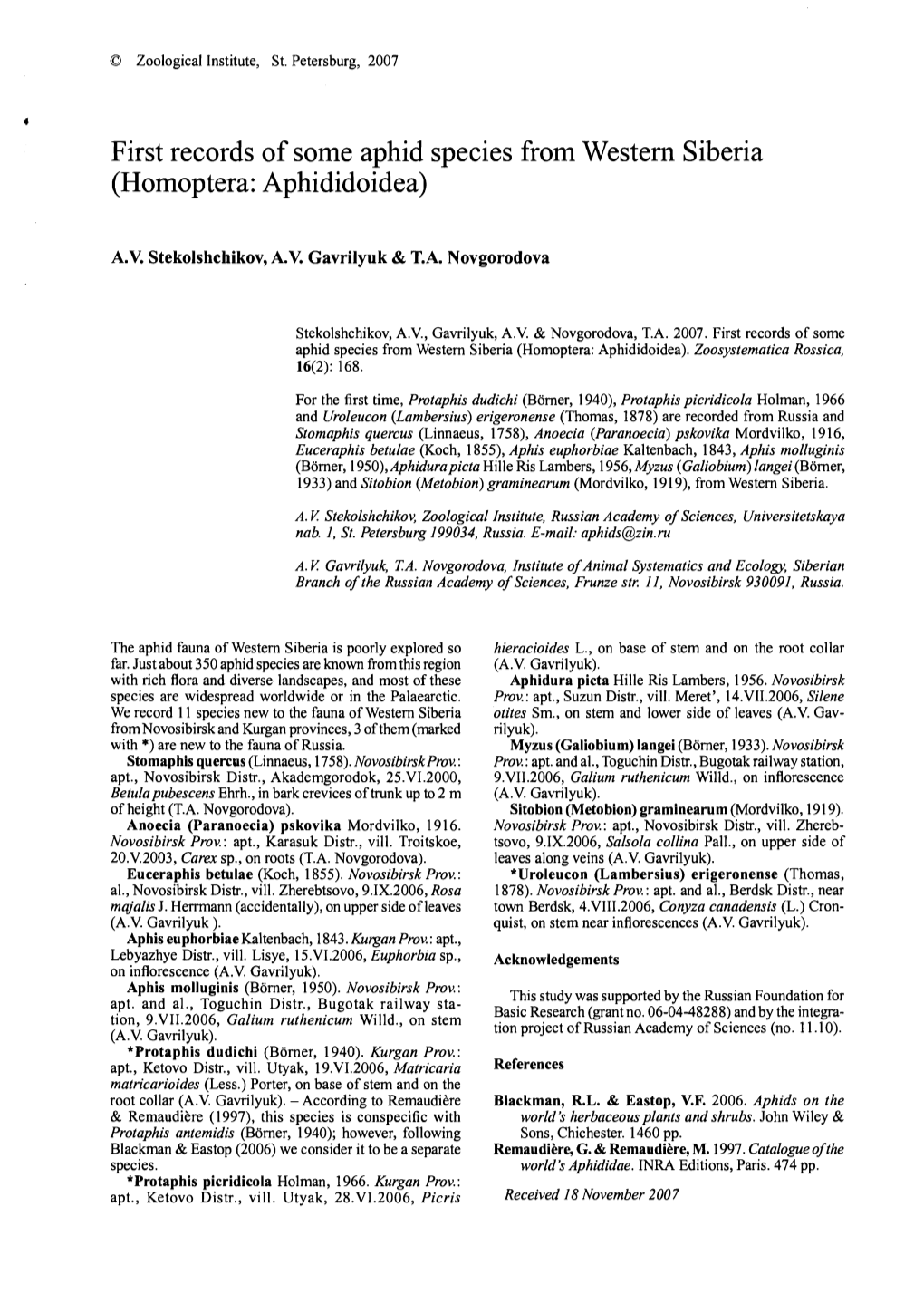 First Records of Some Aphid Species from Western Siberia (Homoptera: Aphididoidea)