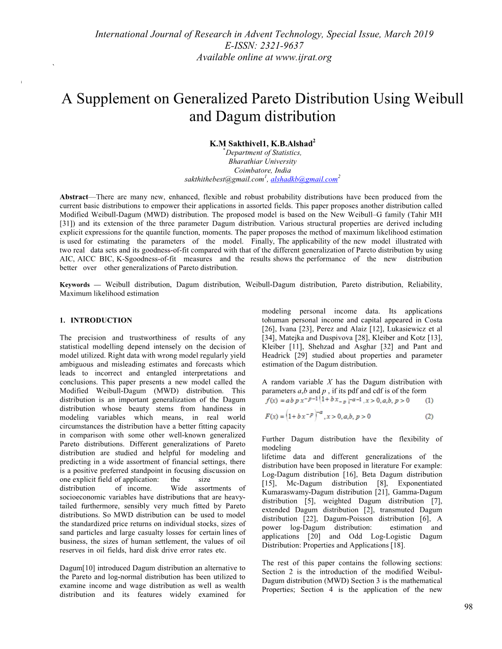 Upplement O a Supplement on Generalized Pareto Distribution Using Weibull and Dagum Distribution