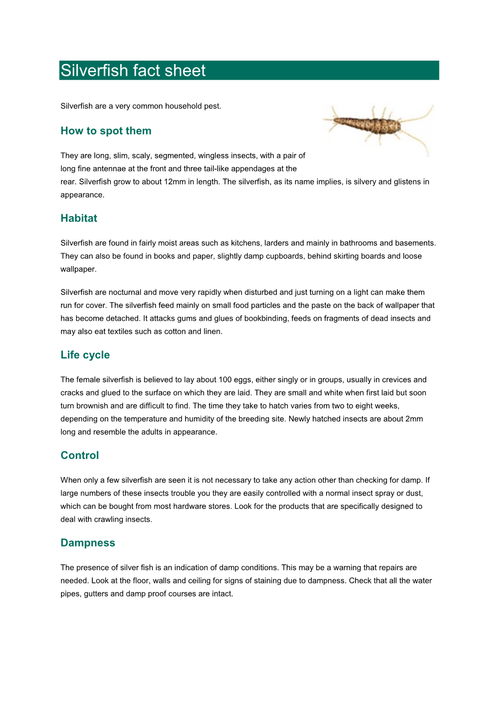 Silverfish Fact Sheet