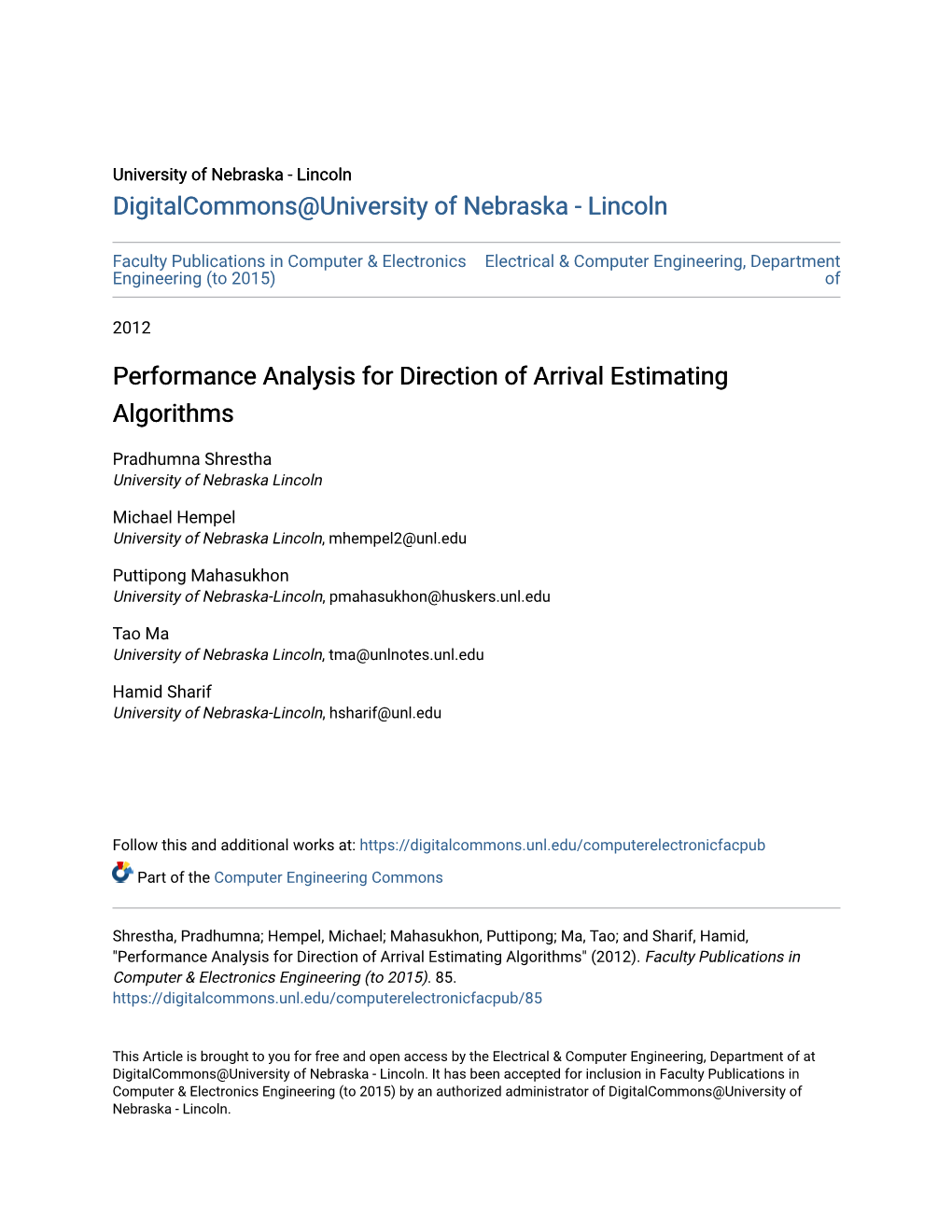 Performance Analysis for Direction of Arrival Estimating Algorithms