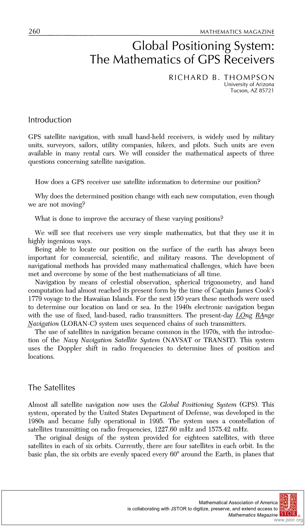 Global Positioning System: the Mathematics of GPS Receivers